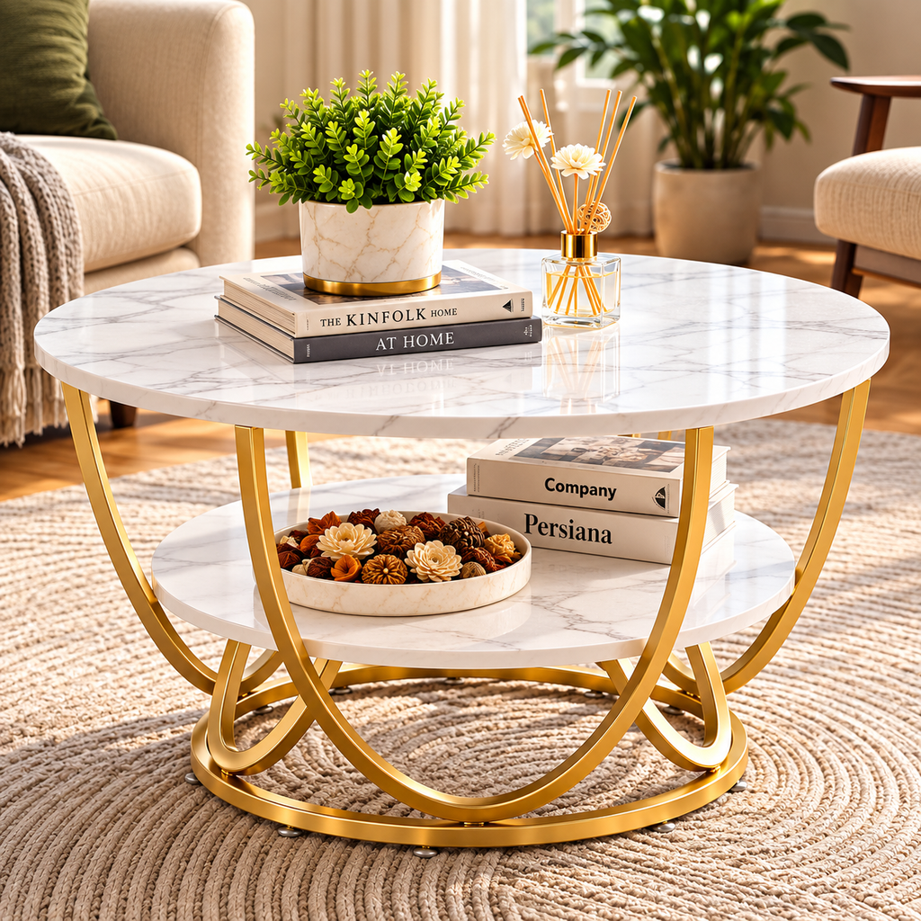 Luxury Round 2-Tier Coffee Table with Gold Metal Frame – Modern Living Room Center Table