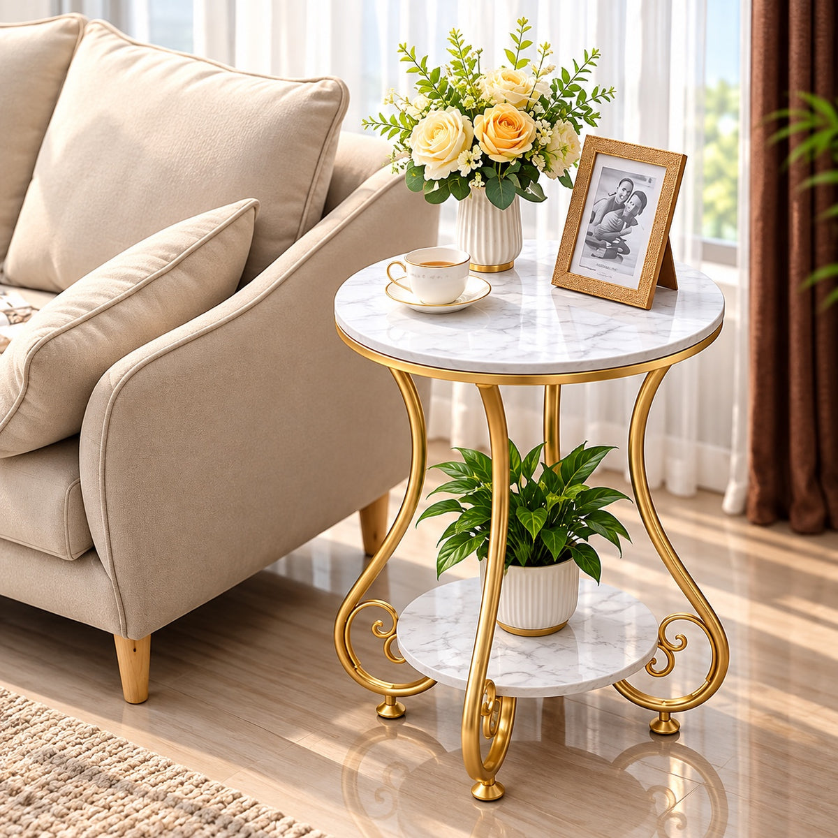 Elegant Gold Marble Side Table – sofa lifestyle view