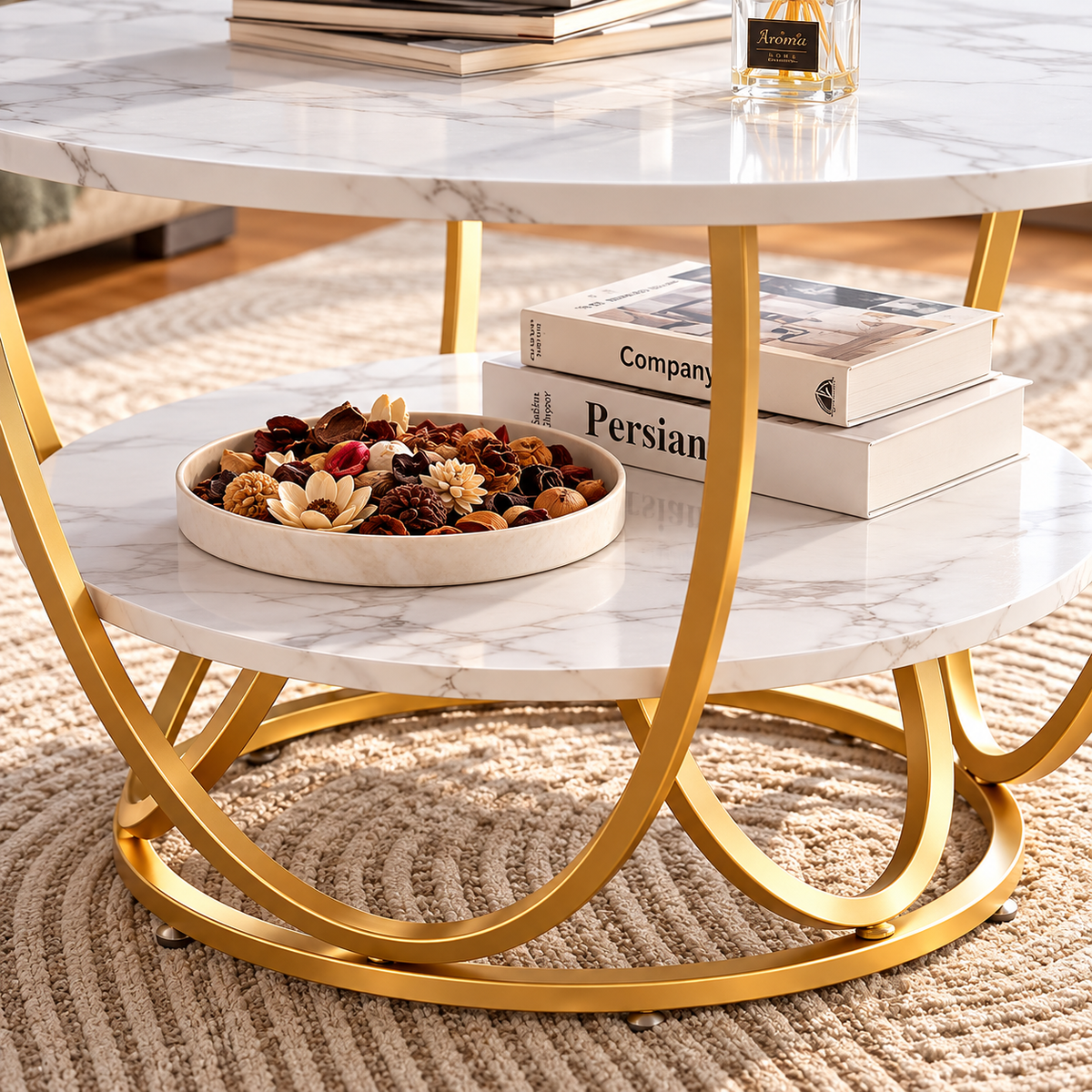 Luxury Round 2-Tier Coffee Table with Gold Metal Frame – Modern Living Room Center Table