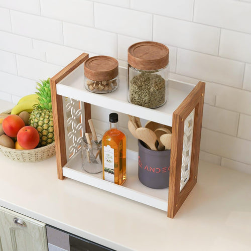 2 Tier Wooden Kitchen Rack | Countertop Storage & Organizer with Decorative Side Panels