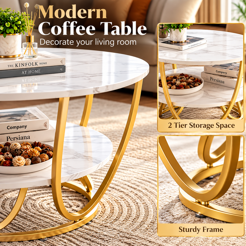 Luxury Round 2-Tier Coffee Table with Gold Metal Frame – Modern Living Room Center Table