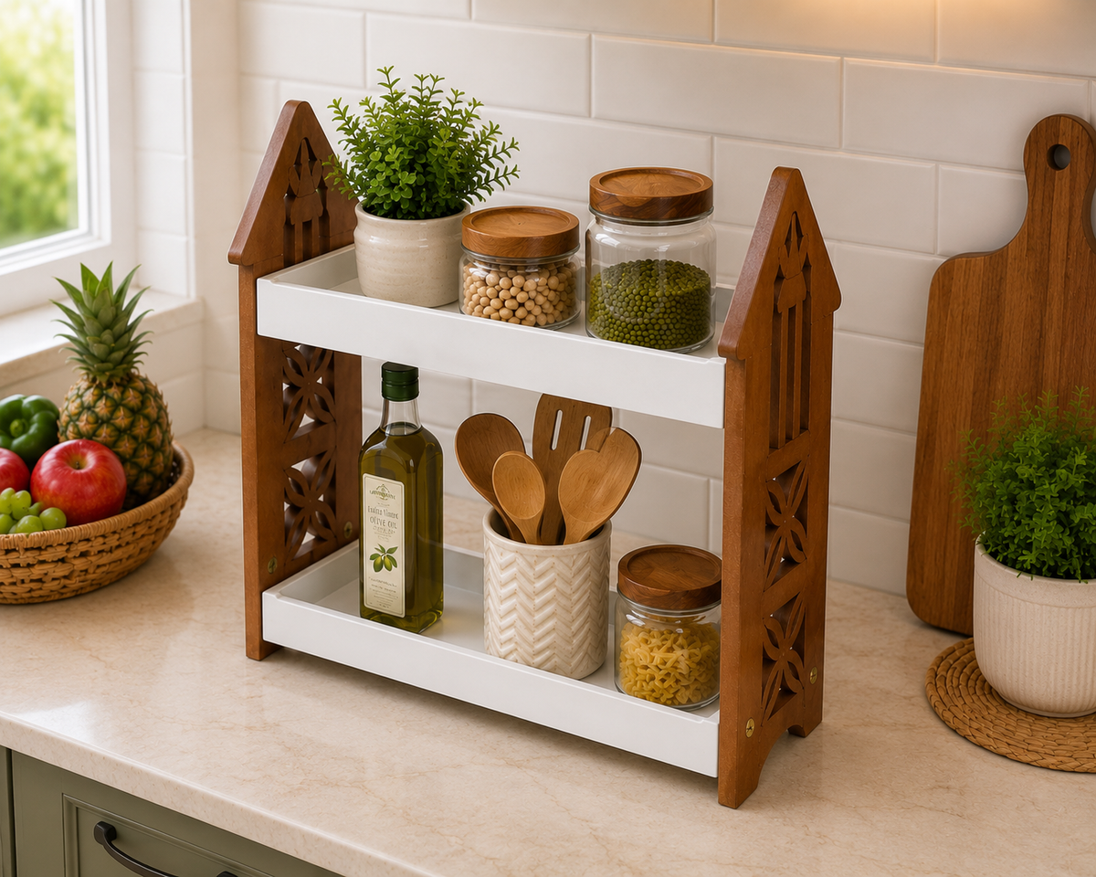 Hut Shape Wooden 2 Tier Kitchen Storage Rack | Free Standing Countertop Organizer