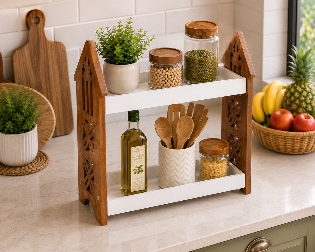 Hut Shape Wooden 2 Tier Kitchen Storage Rack | Free Standing Countertop Organizer