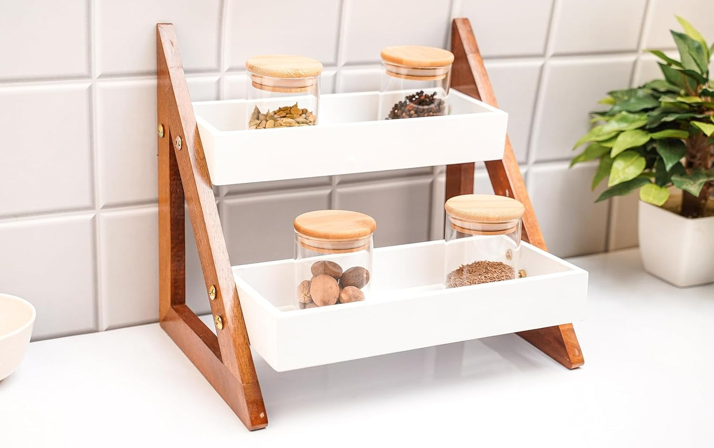 Wooden Foldable Triangle Shape Kitchen Rack with 2 Shelf