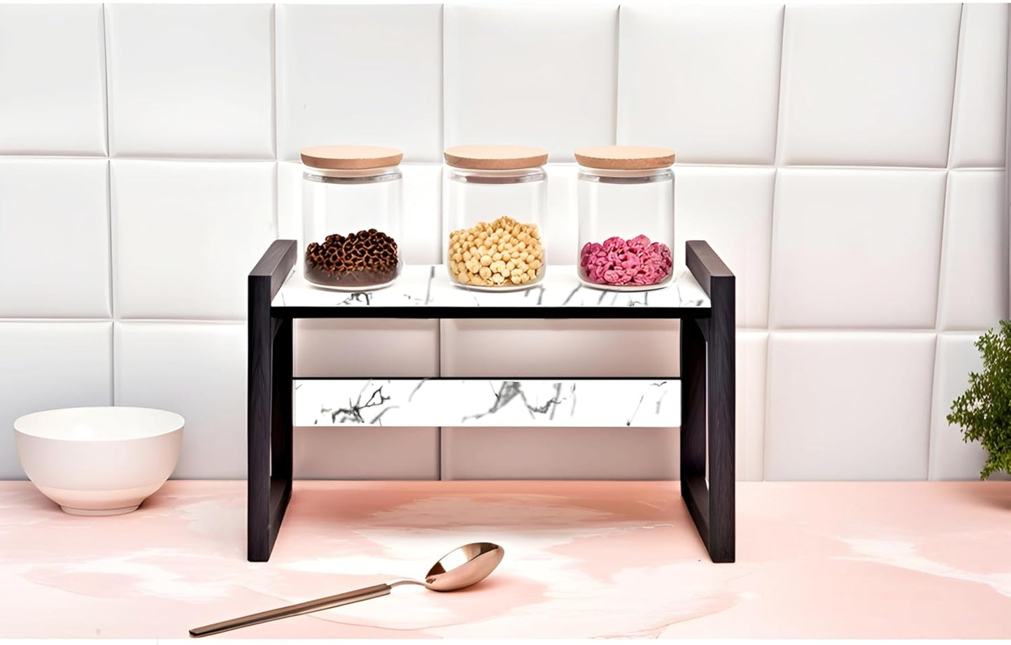 Wooden Kitchen Rack for Storage/Marble Look Top Rack Stand (Color-White & Black)