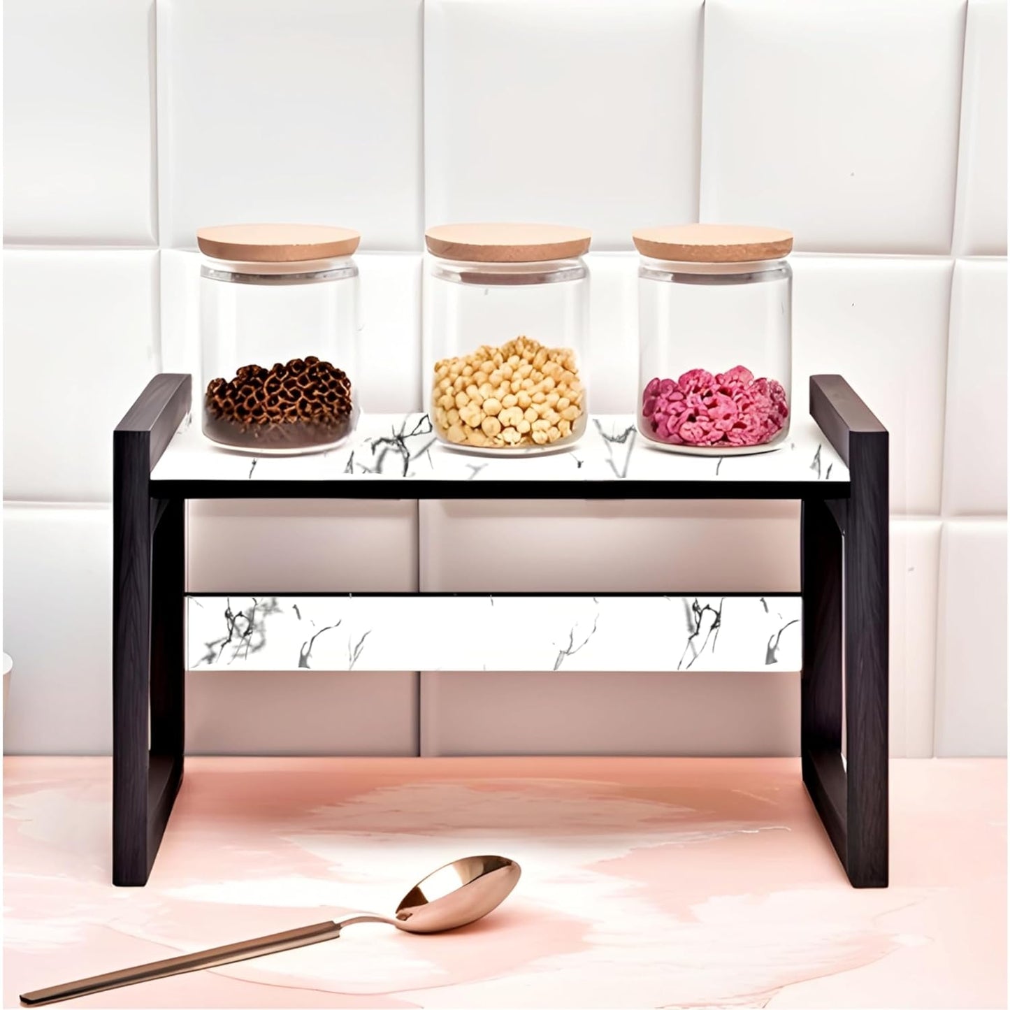 Wooden Kitchen Rack for Storage/Marble Look Top Rack Stand (Color-White & Black)