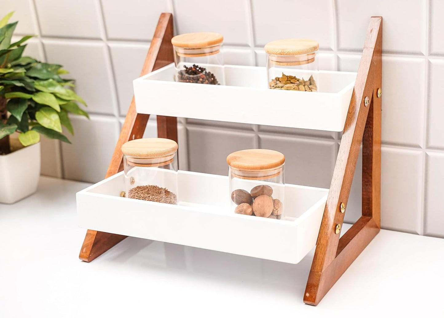 Wooden Foldable Triangle Shape Kitchen Rack with 2 Shelf