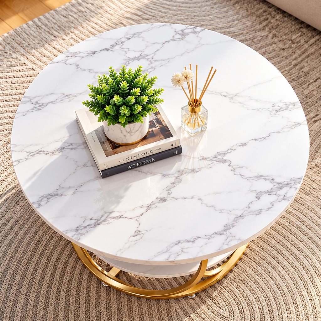 Luxury Round 2-Tier Coffee Table with Gold Metal Frame – Modern Living Room Center Table