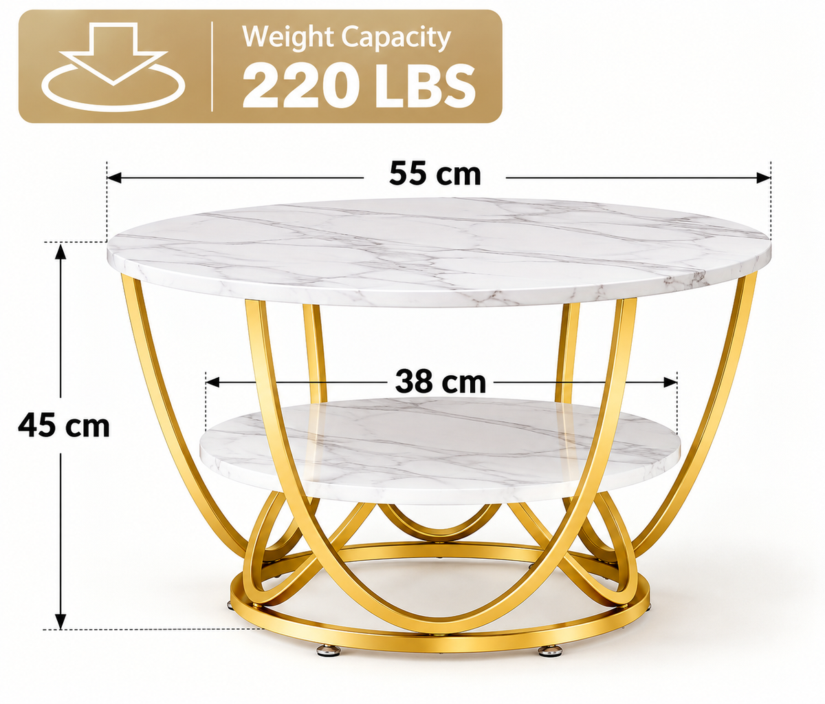 Luxury Round 2-Tier Coffee Table with Gold Metal Frame – Modern Living Room Center Table