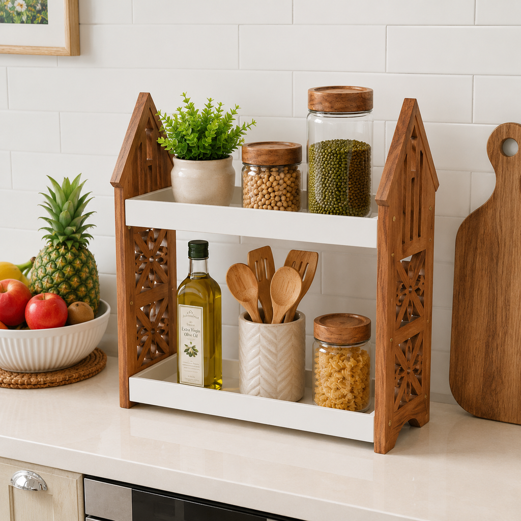 Hut Shape Wooden 2 Tier Kitchen Storage Rack | Free Standing Countertop Organizer