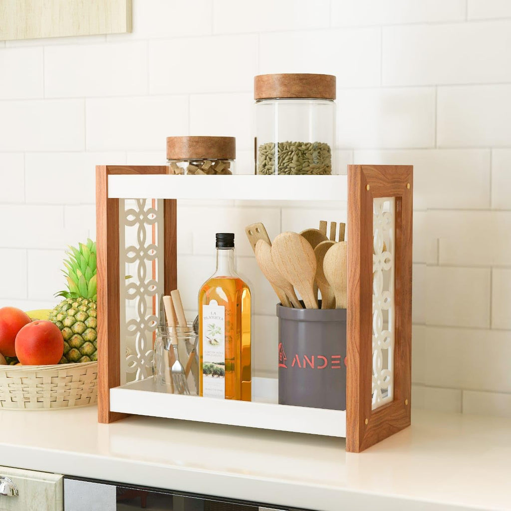 2 Tier Wooden Kitchen Rack | Countertop Storage & Organizer with Decorative Side Panels