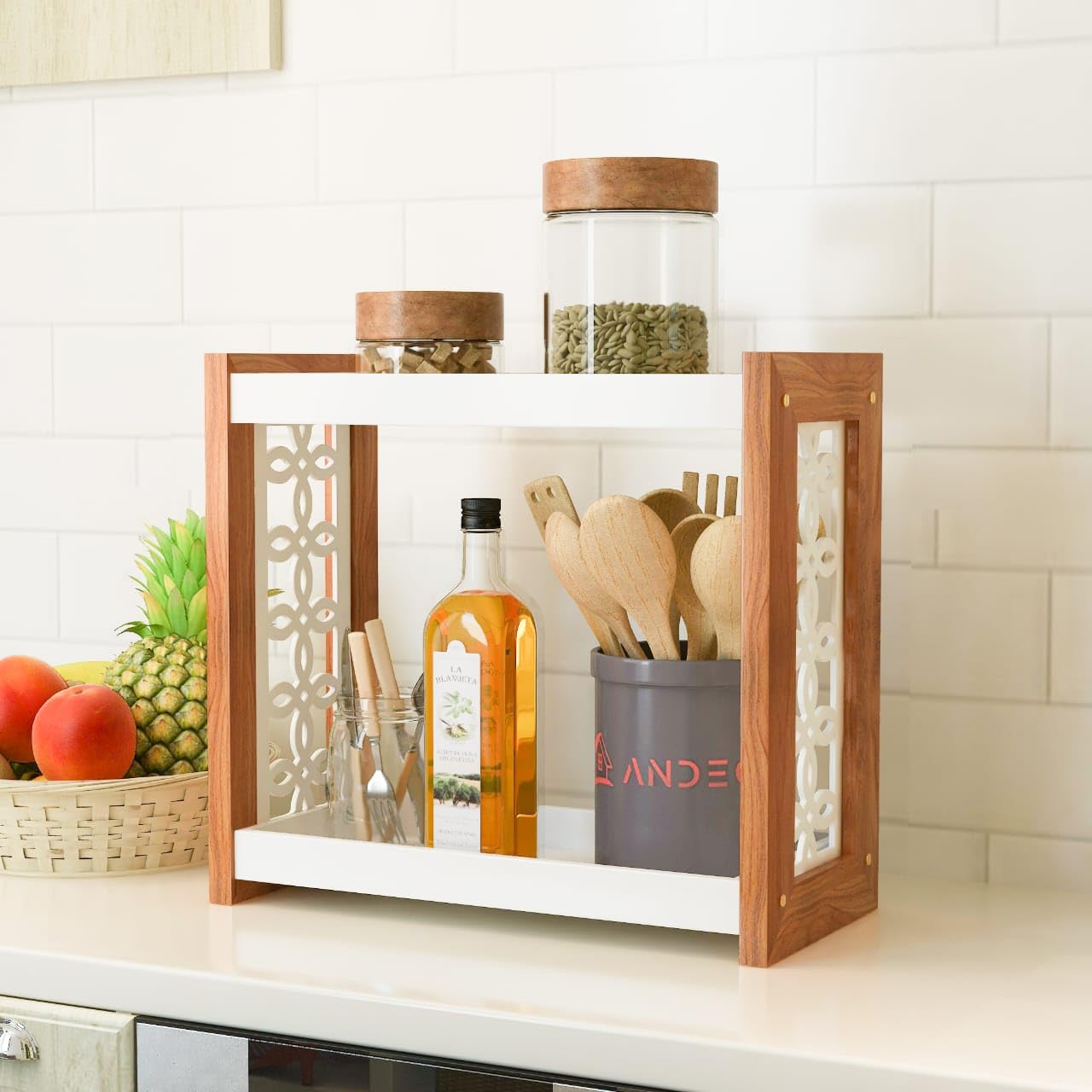 2 Tier Wooden Kitchen Rack | Countertop Storage & Organizer with Decorative Side Panels