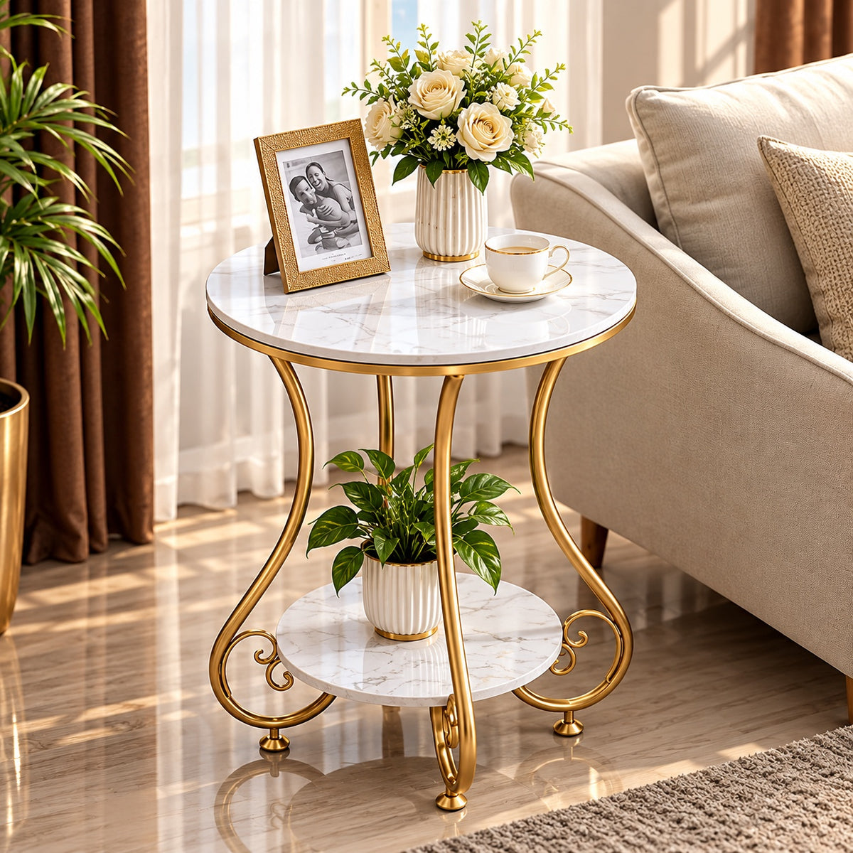 Elegant Gold Marble Side Table – living room view