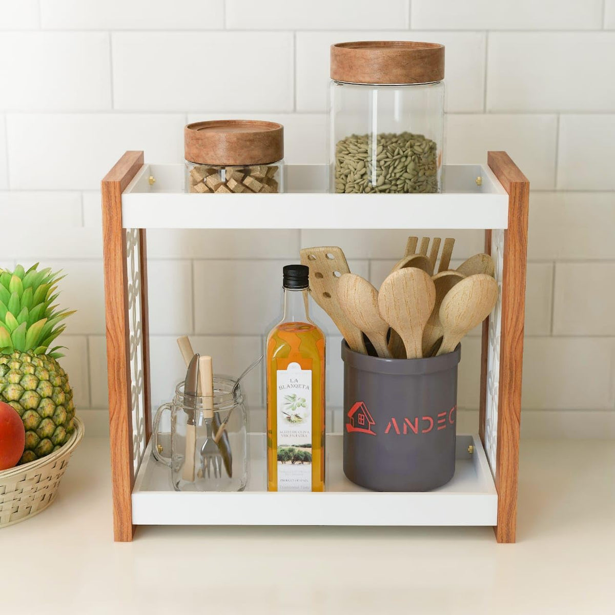 2 Tier Wooden Kitchen Rack | Countertop Storage & Organizer with Decorative Side Panels