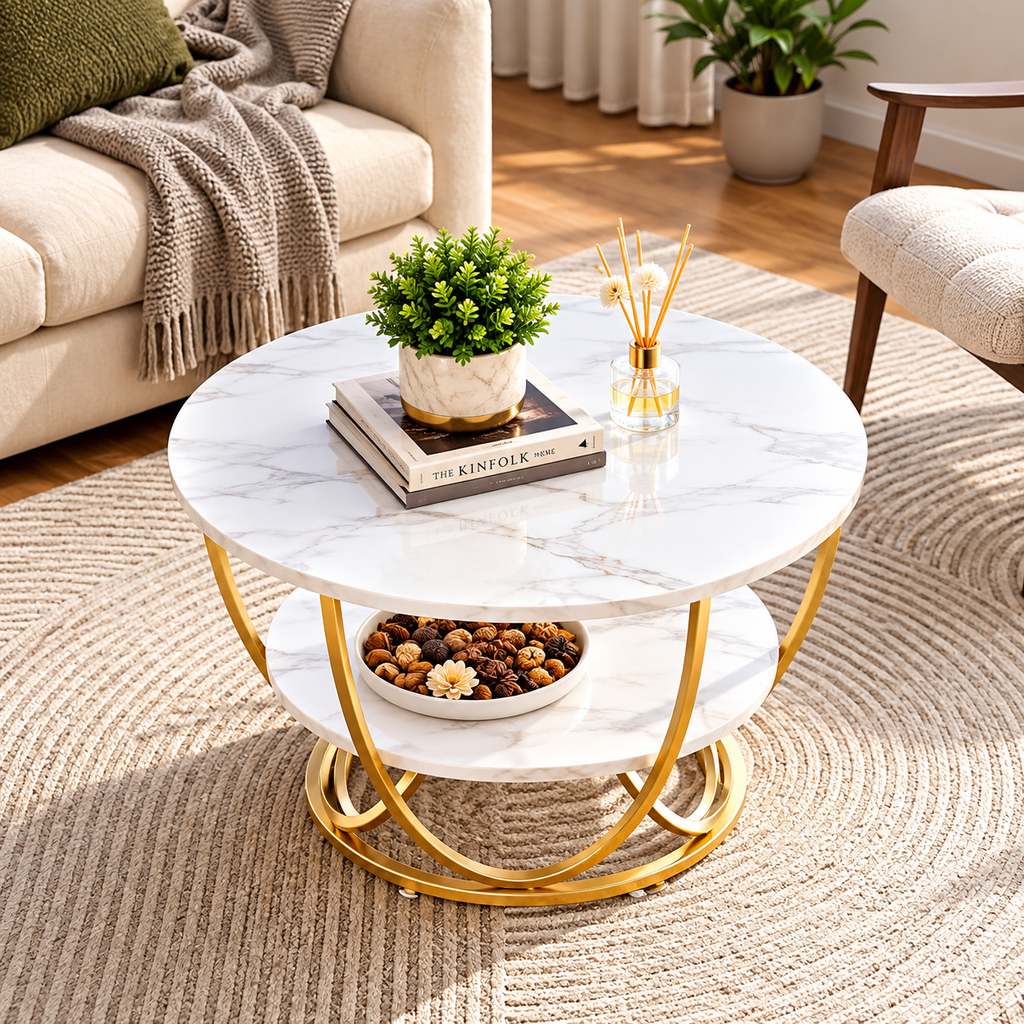 Luxury Round 2-Tier Coffee Table with Gold Metal Frame – Modern Living Room Center Table