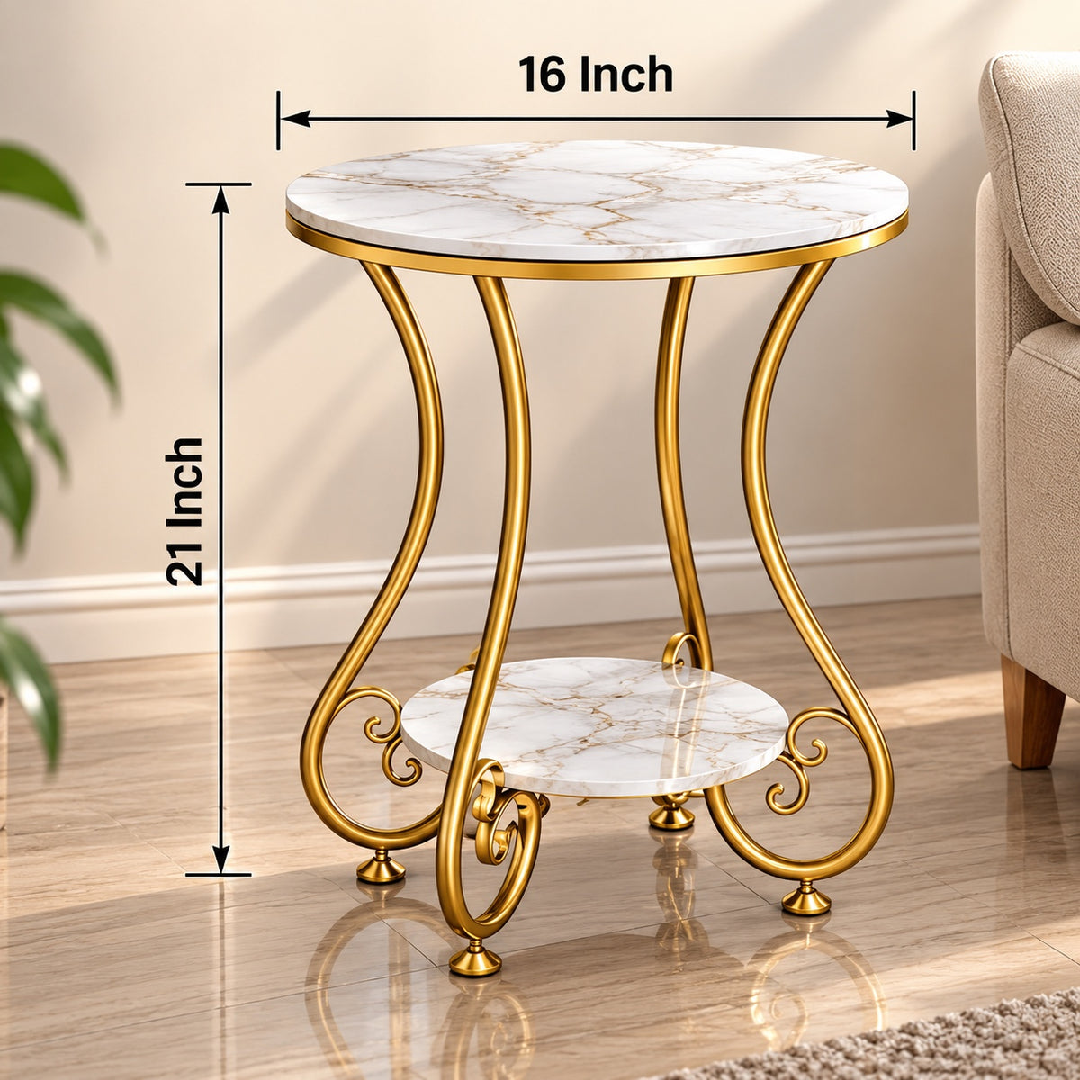 Elegant Gold Marble Side Table – dimensions 16 x 21 inch