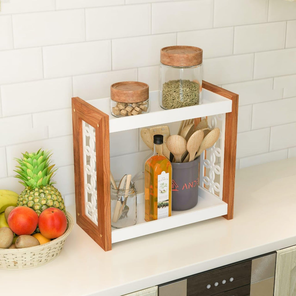 2 Tier Wooden Kitchen Rack | Countertop Storage & Organizer with Decorative Side Panels