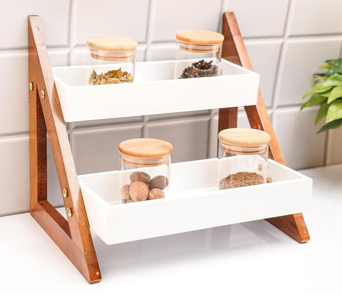 2 tier wooden kitchen rack with white shelves for countertop storage and spice jars