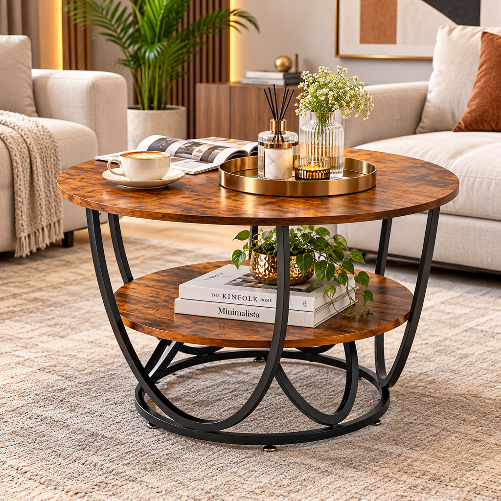 Luxury Round 2-Tier Coffee Table with Gold Metal Frame – Modern Living Room Center Table