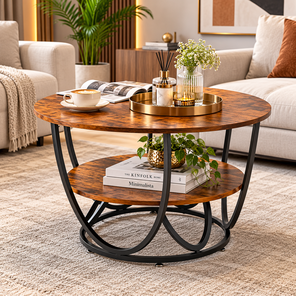 Luxury Round 2-Tier Coffee Table with Gold Metal Frame – Modern Living Room Center Table
