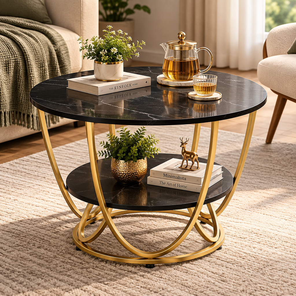 Luxury Round 2-Tier Coffee Table with Gold Metal Frame – Modern Living Room Center Table