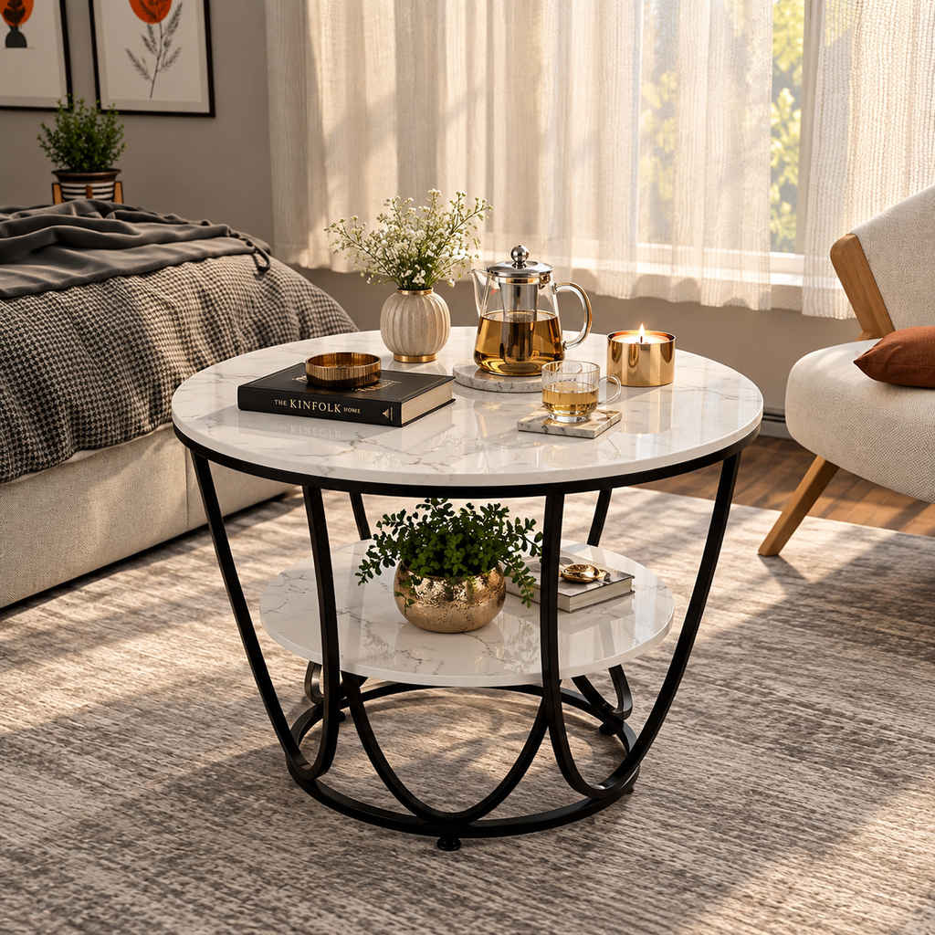 Luxury Round 2-Tier Coffee Table with Gold Metal Frame – Modern Living Room Center Table