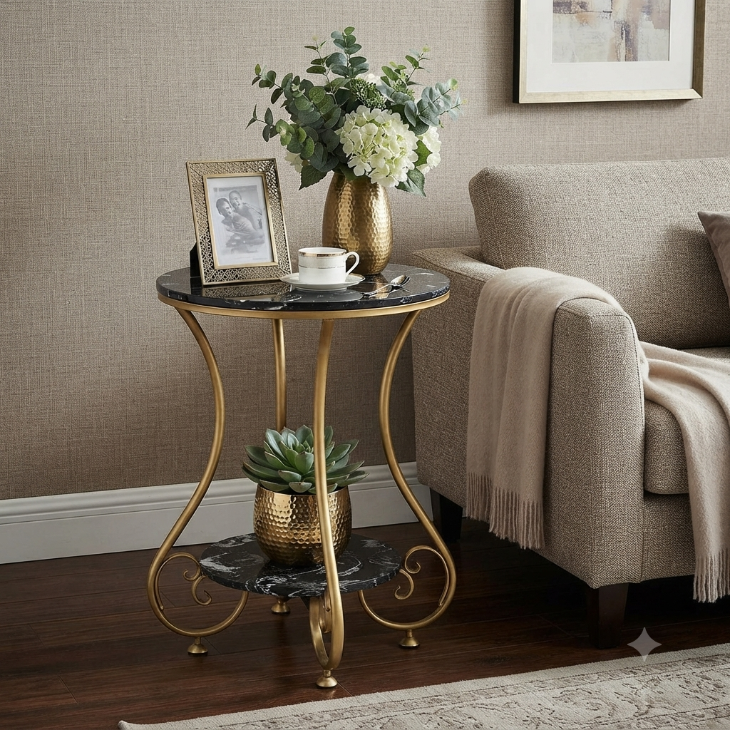 Elegant Gold Marble Side Table for Living Room & Bedroom