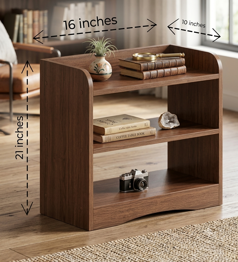 wooden end table with three open storage shelves