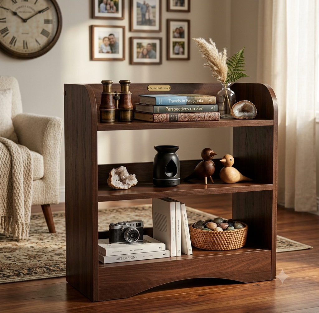 wooden bedside table with open shelf storage