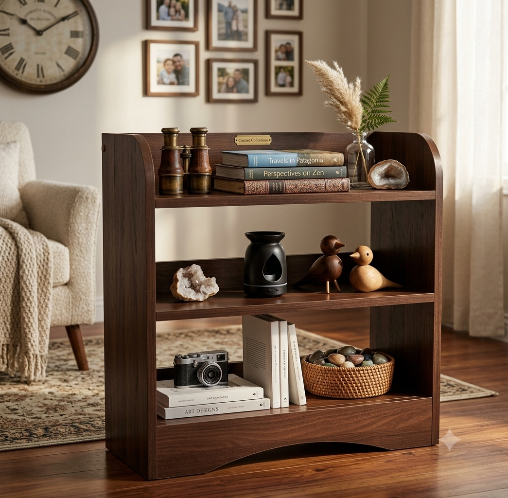 wooden bedside table with open shelf storage