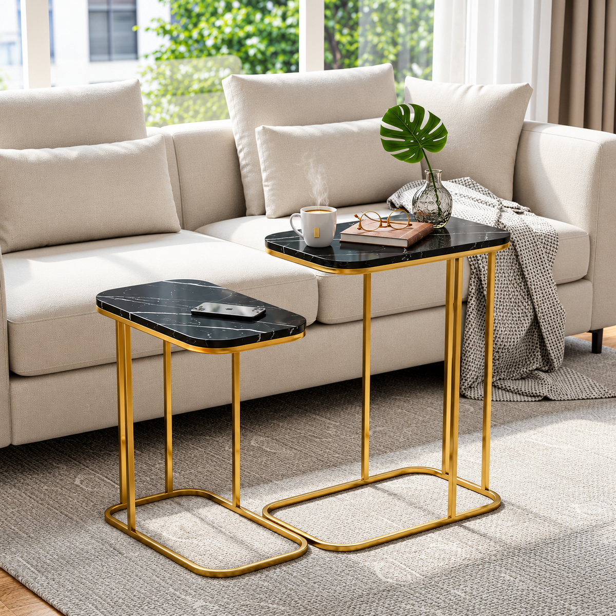 Modern Side Table Set of 2 | Black Marble Look Top & Gold Metal Frame | Nesting End Tables