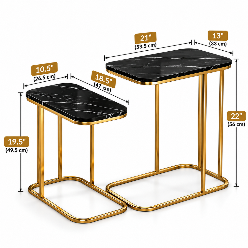 Modern Side Table Set of 2 | Black Marble Look Top & Gold Metal Frame | Nesting End Tables