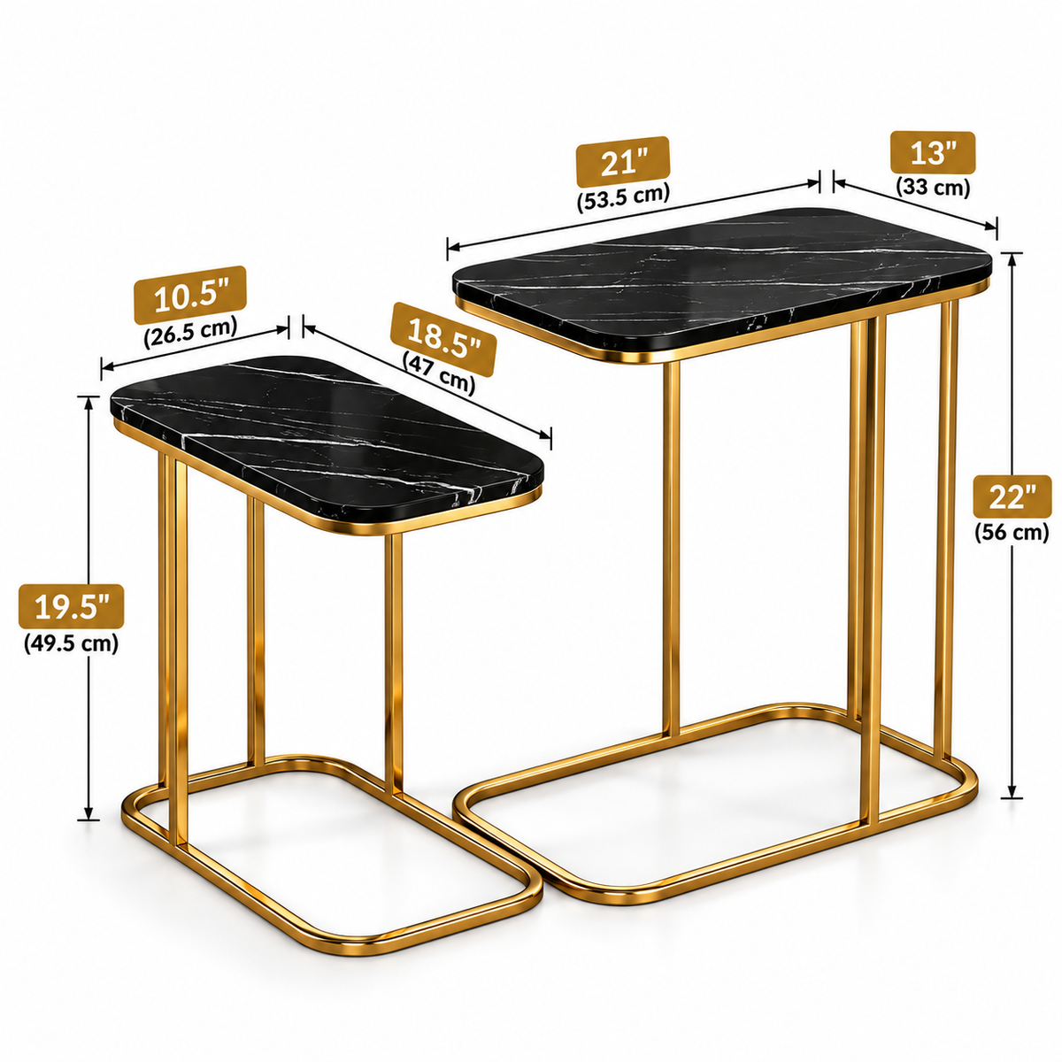 Modern Side Table Set of 2 | Black Marble Look Top & Gold Metal Frame | Nesting End Tables
