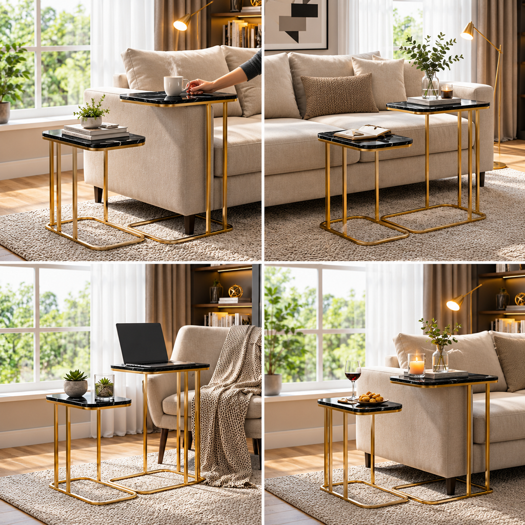 Modern Side Table Set of 2 | Black Marble Look Top & Gold Metal Frame | Nesting End Tables