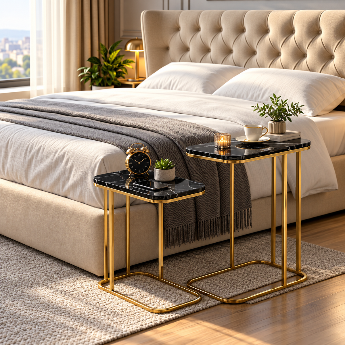 Modern Side Table Set of 2 | Black Marble Look Top & Gold Metal Frame | Nesting End Tables