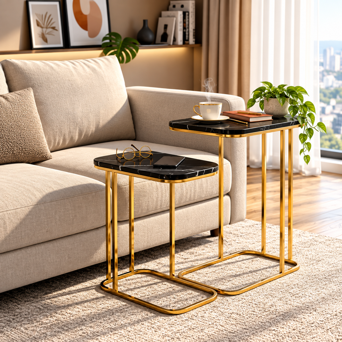 Modern Side Table Set of 2 | Black Marble Look Top & Gold Metal Frame | Nesting End Tables