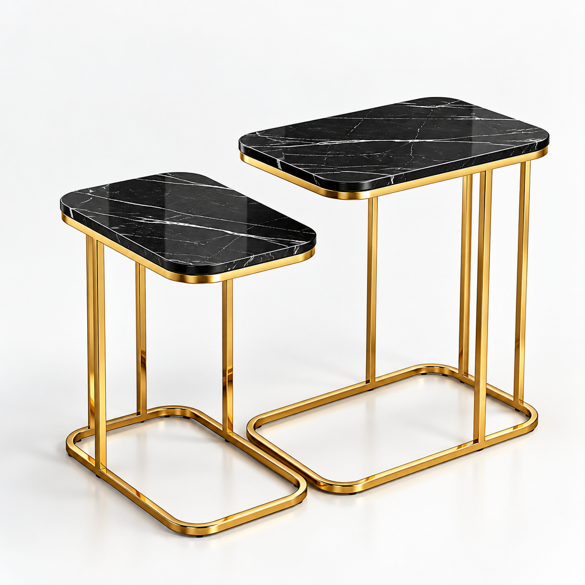 Modern Side Table Set of 2 | Black Marble Look Top & Gold Metal Frame | Nesting End Tables