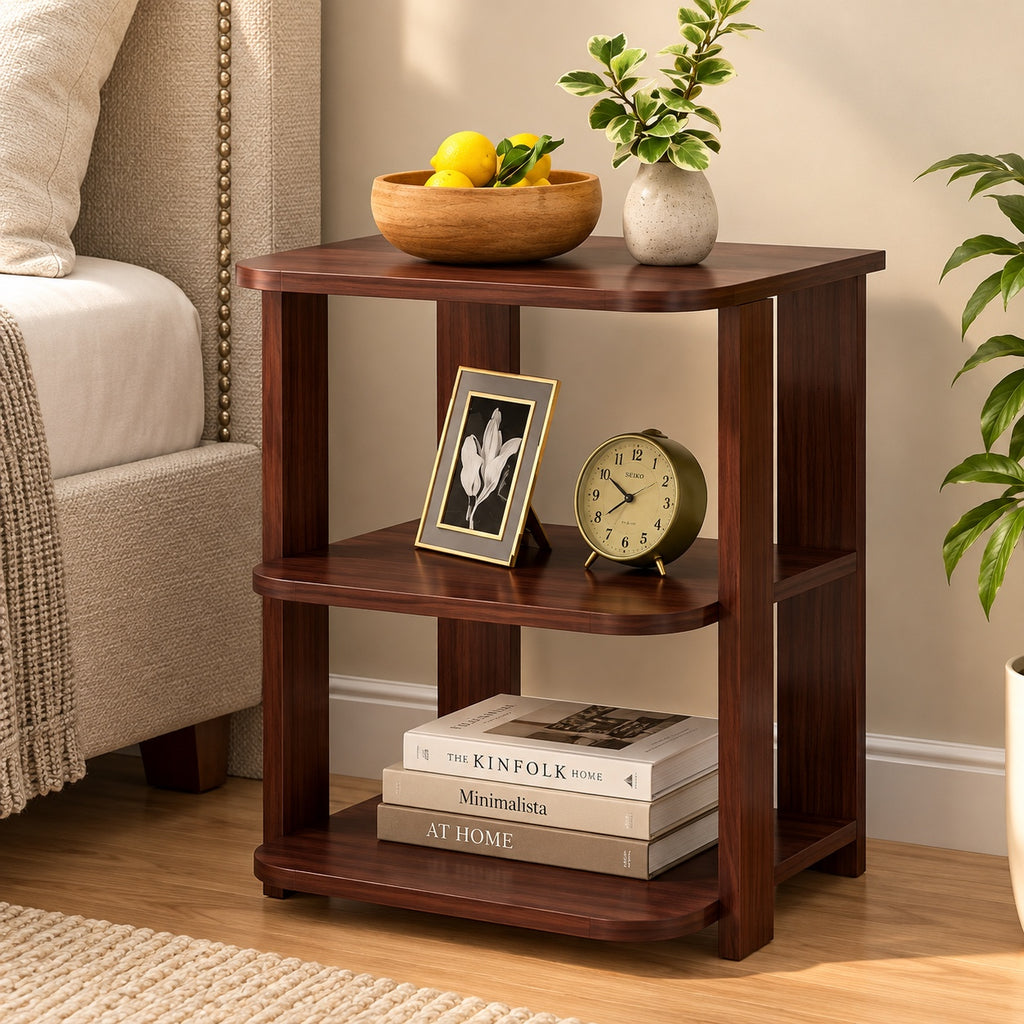 3-Tier Wooden Side Table – bedroom lifestyle view