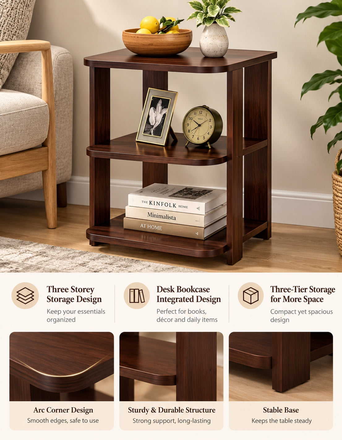 3-Tier Wooden Side Table – storage features