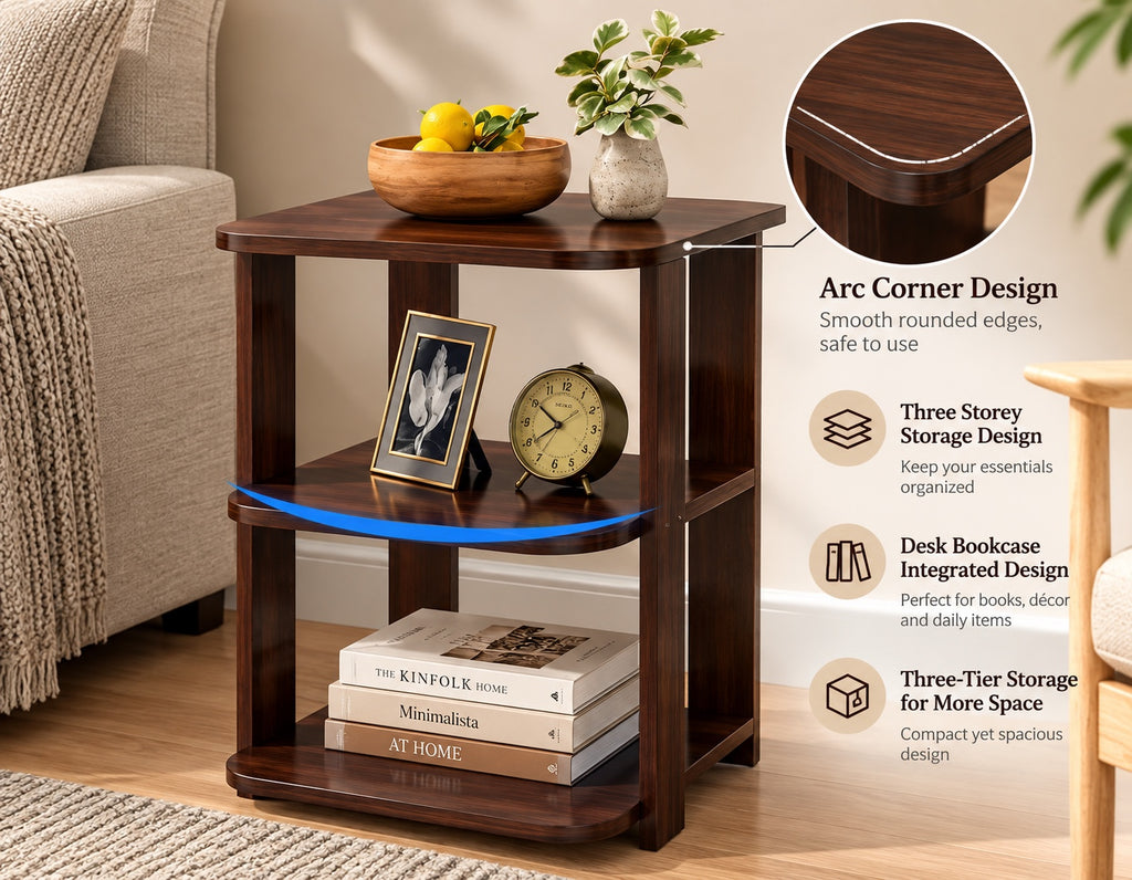3-Tier Wooden Side Table – arc corner design
